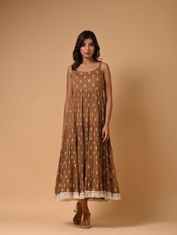 Aravalii - Brown Coffee Printed Tiered Midi Dress