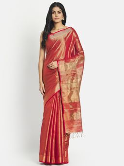 Fabindia - Red Cotton Silk Maheshwari Woven Saree without Blouse