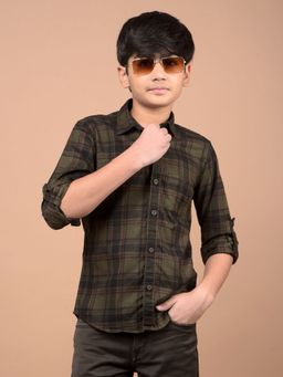 CRIMSOUNE CLUB - Boy's Olive Checked 100% Cotton Shirt