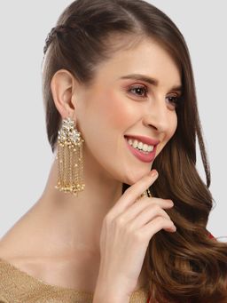 Karatcart - Gold Plated White Pearl Kundan Tassel Earrings for Women