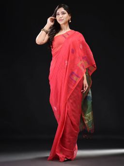 Beatitude - Red Blended Cotton Woven Saree with Unstitched Blouse