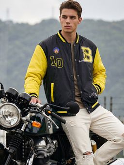 Bewakoof - Men's Black Printed Contrast Sleeve Oversized Bomber Jacket