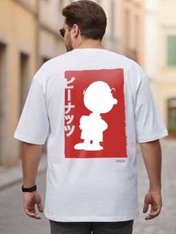 Bewakoof - Official Peanuts Men's White Charlie Jap Graphic Printed Oversized Plus Size T-shirt