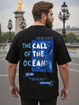 Bewakoof - Men's Black Ocean Child Graphic Printed Oversized Plus Size T-shirt