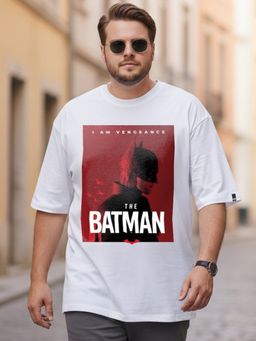 Bewakoof - Official DC Men's White Batman Poster Graphic Printed Oversized Plus Size T-shirt