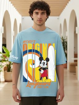 Bewakoof - Air 1.0 Official Disney Men's Sky Blue Mickey Graphic Printed Oversized T-shirt