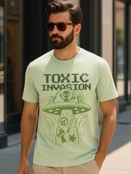 Bewakoof - Men's Fog Green Toxic Invasion Graphic Printed T-shirt