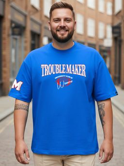 Bewakoof - Mens Blue Trouble Maker Typography Printed Oversized Plus Size T-Shirt