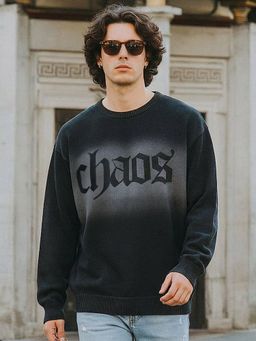 Bewakoof - Men Black Typography Oversized Acid Wash Sweater