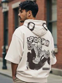 Bewakoof - Marvel Men Cream Spiderman Character Printed Oversized Fit Hoodie T-Shirt