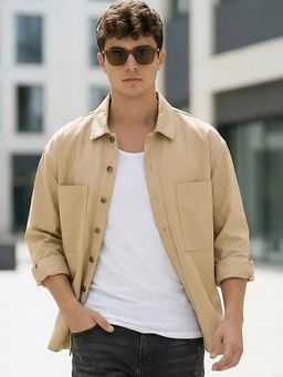 Bewakoof - Men Beige Embroidered Oversized Twill Jacket