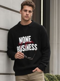 Bewakoof - Men Jet Black Typography Oversized Polo Sweater