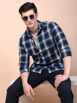 CRIMSOUNE CLUB - Men's Navy Blue Checked 100% Cotton Shirt