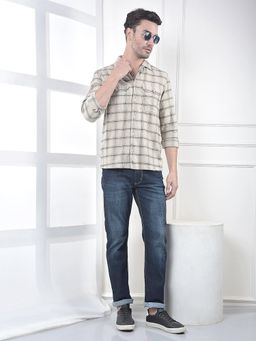 CRIMSOUNE CLUB - Men's Beige Checked 100% Cotton Shirt