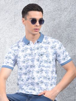 CRIMSOUNE CLUB - Men's Blue Floral Print Polo-Neck T-Shirt