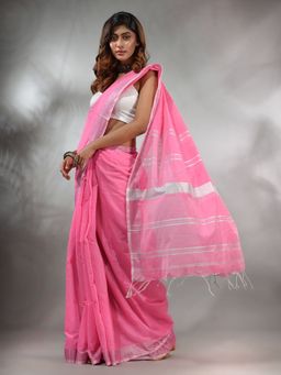 CHARUKRITI - Pink Cotton Silk Handwoven Saree with Zari Woven Stripes Pallu & Unstitched Blouse