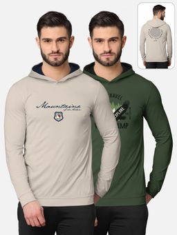 BULLMER - Printed Full Sleeve Hooded T-shirt For Men Beige And Burgundy (Pack of 2)
