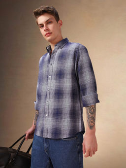 Dennis Lingo - Men Navy Blue Tartan Checks Button-Down Collar Long Sleeves Casual Shirt