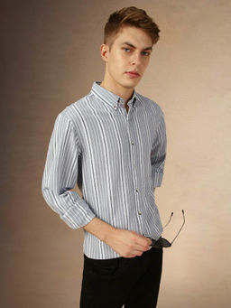 Dennis Lingo - Full Sleeve Button Down Collar Stripes Relaxed Fit Men Shirt