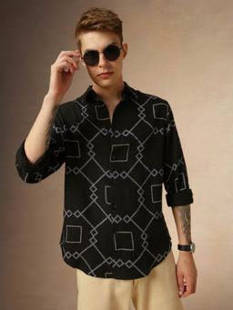Dennis Lingo - Full Sleeve Spread Collar Geometric Print Relaxed Fit Men Shirt