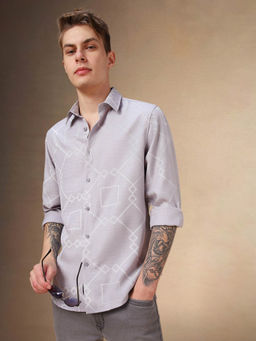 Dennis Lingo - Men Grey Geometric Spread Collar Short Sleeves Relaxed Fit Casual Shirt