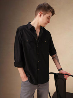 Dennis Lingo - Men Black Solid Spread Collar Long Sleeves Relaxed Fit Casual Shirt