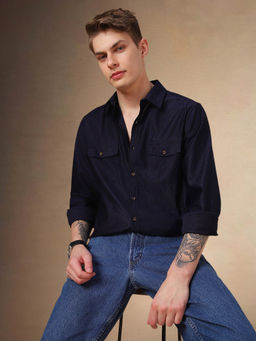 Dennis Lingo - Men Navy Blue Solid Spread Collar Long Sleeves Relaxed Fit Casual Shirt