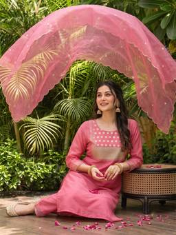 Vaamsi - Kalini Pink Embroidered Straight Kurta with Pant and Dupatta