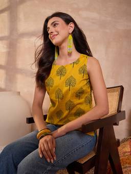 Vaamsi - Women Cotton Blend Yellow Regular Top