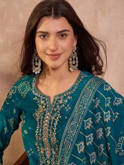 Vaamsi - Silk Blend Printed Blue Kurta And Pant With Dupatta