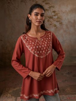 QAZMI - Azra Kashmiri A-Line Full Sleeves Viscose Rayon Short Kurti