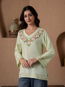 QAZMI - Kashmiri Embroidered Pastel Green V-Neck Short Kurti
