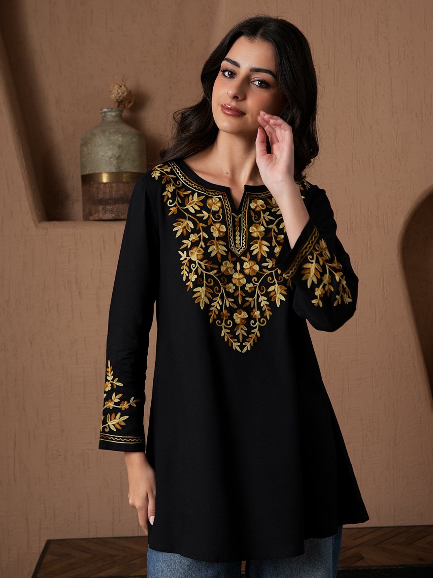 qazmi Kashmiri Aari Work Viscose Rayon A-Line Flared Kurti-picture-11