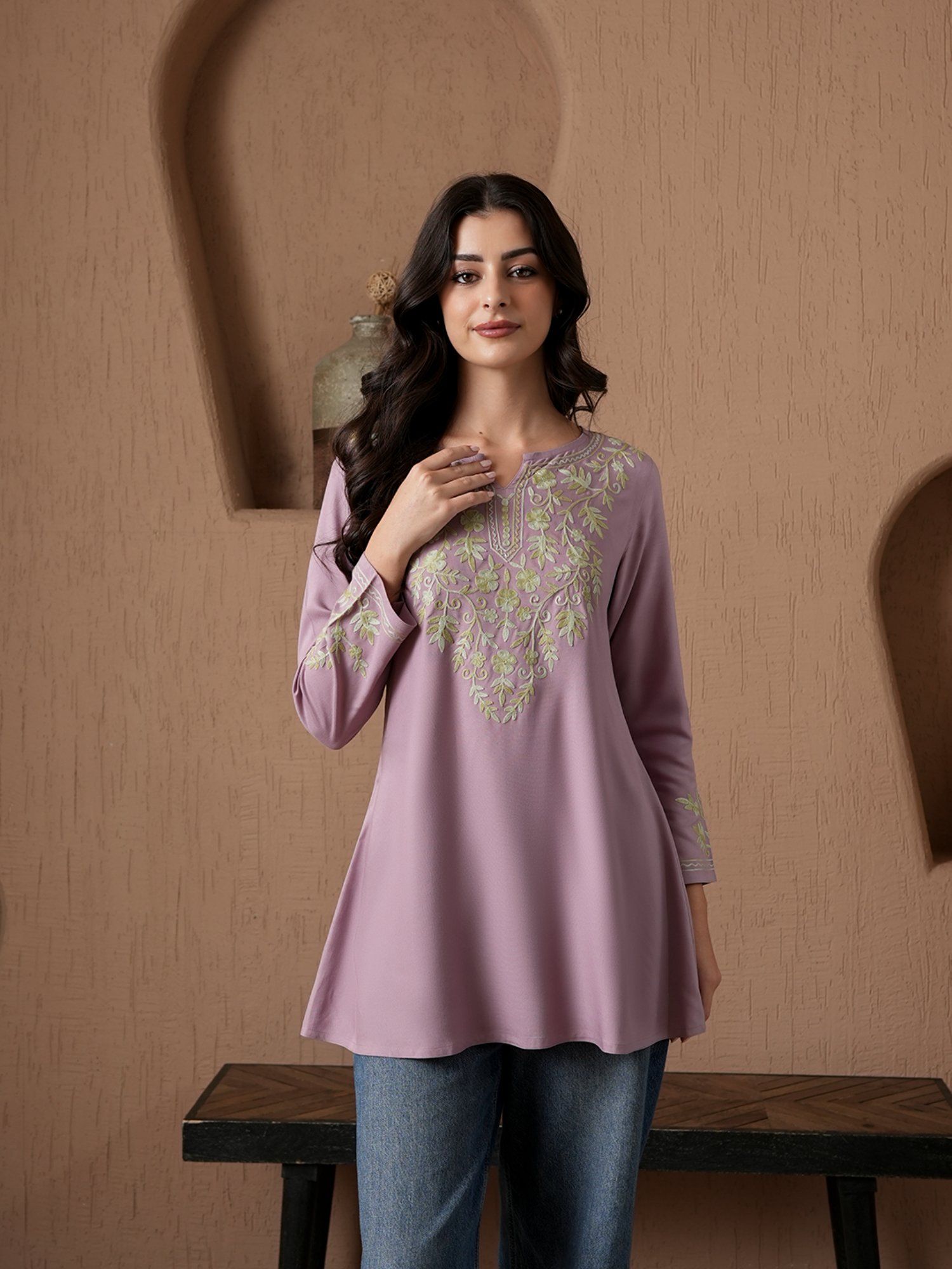 qazmi Kashmiri Aari Work Viscose Rayon A-Line Flared Kurti-picture-10