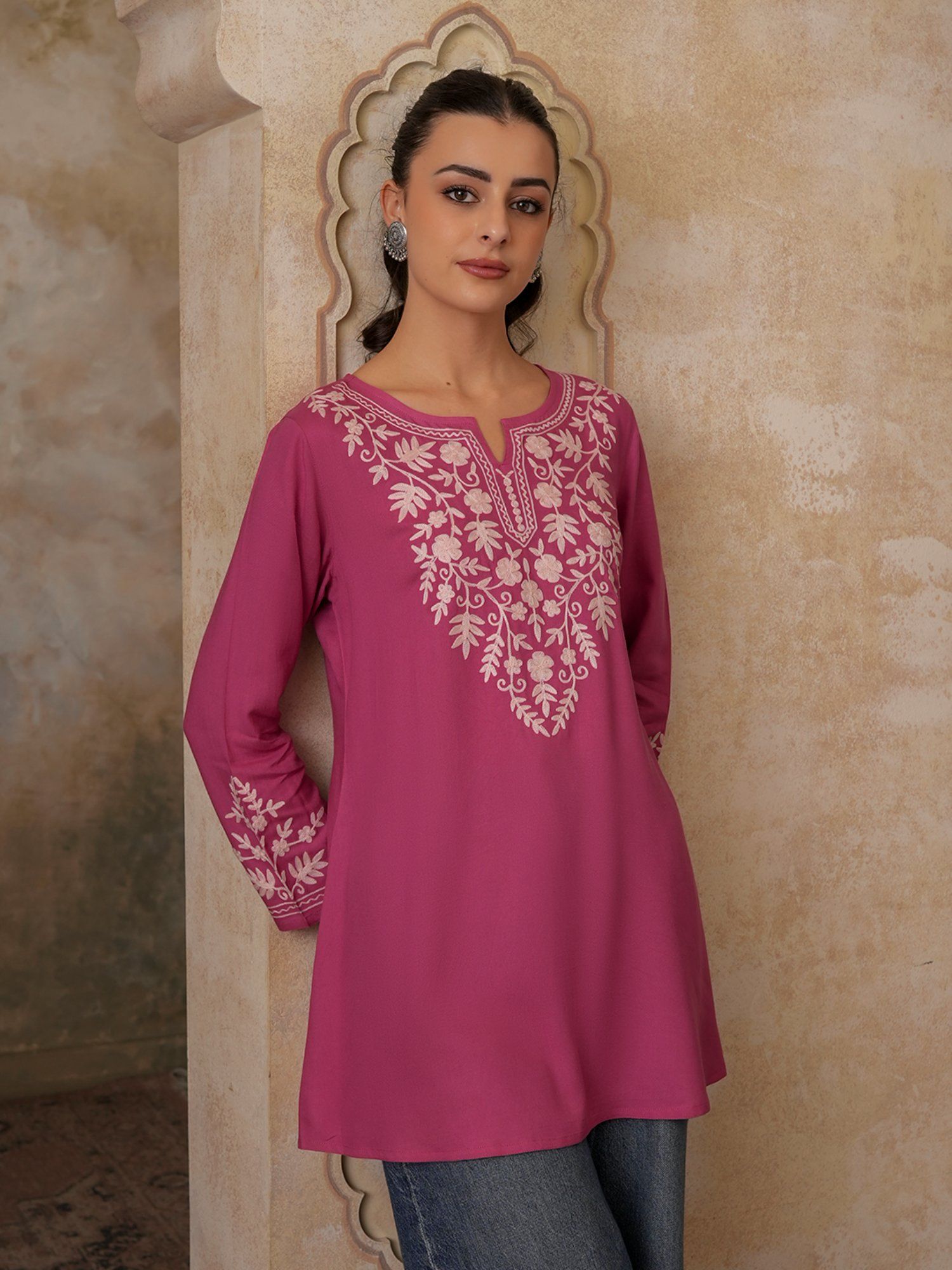 Kashmiri Aari Work Viscose Rayon A-Line Flared Kurti-image-4