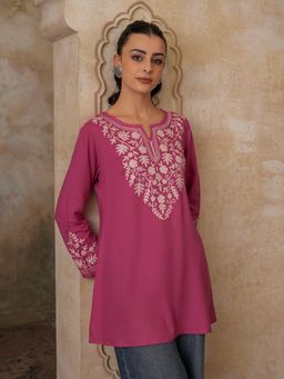QAZMI - Kashmiri A-Line Full Sleeves Viscose Rayon Pink Flared Short Kurti