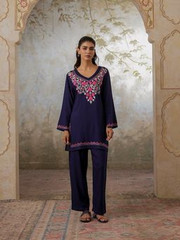 QAZMI - Womens Viscose Rayon Embroidered Blue Kurti with Pant