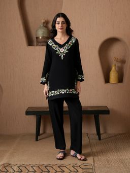 QAZMI - Womens Viscose Rayon Embroidered Black Kurti with Pant