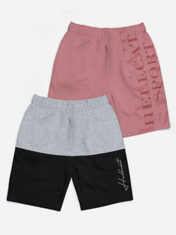 HELLCAT - Grey Melange & Pink Colorblock Mid Rise Shorts for Girls (Pack of 2)
