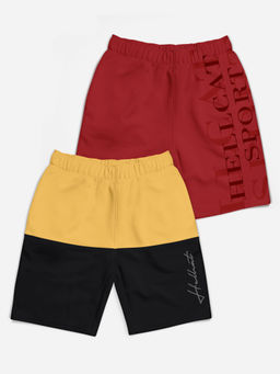 HELLCAT - Mustard & Maroon Colorblock Mid Rise Shorts for Girls (Pack of 2)