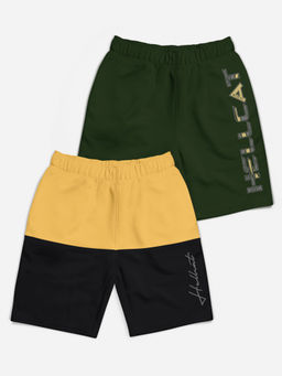 HELLCAT - Mustard & Olive Green Colorblock Mid Rise Shorts for Girls (Pack of 2)