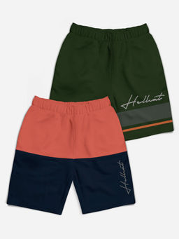 HELLCAT - Saffron & Olive Green Colorblock Mid Rise Shorts for Girls (Pack of 2)