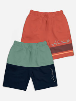 HELLCAT - Sea Green & Orange Colorblock Mid Rise Shorts for Girls (Pack of 2)