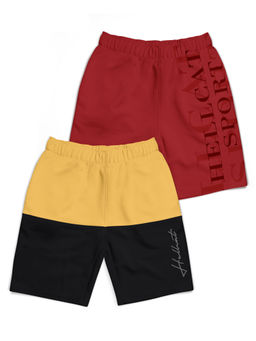 HELLCAT - Mustard & Maroon Colorblock Mid Rise Shorts for Boys (Pack of 2)