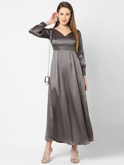 MISH - Grey Satin Slit Style Sleeve Maxi Dress