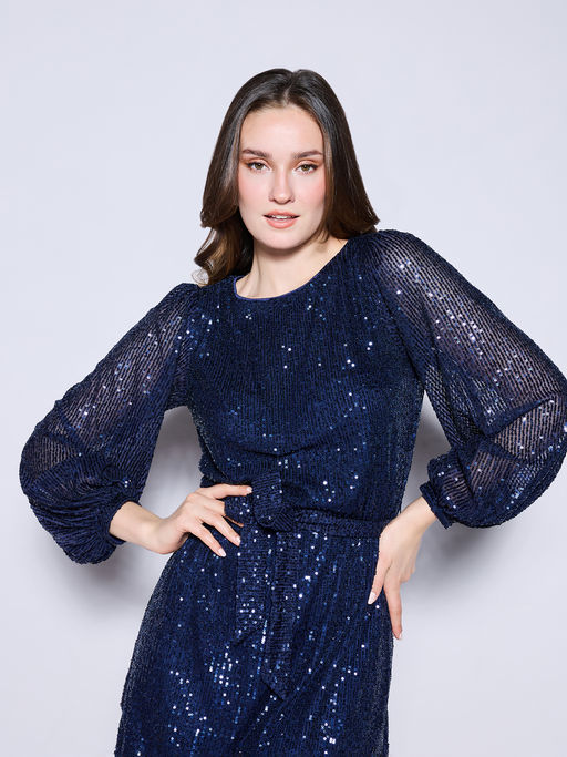 blue sequin lipsy dress Sky's The Limit Ruffle Maxi Dress Sequin Blue