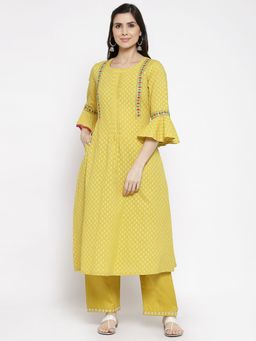 DART STUDIO - Cotton Jacquard Kurta With Hand Embroidery Yellow