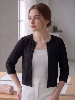 Style Quotient - Women Texture Black Knitted Polyester Shrug