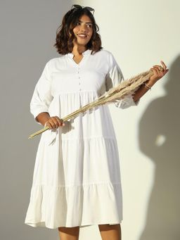 SHOWOFF - Women's White Solid Fit and Flare Midi Dress