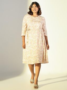 SHOWOFF - Women's Orange Floral Fit and Flare Knee Length Dress with Belt (Set of 2)